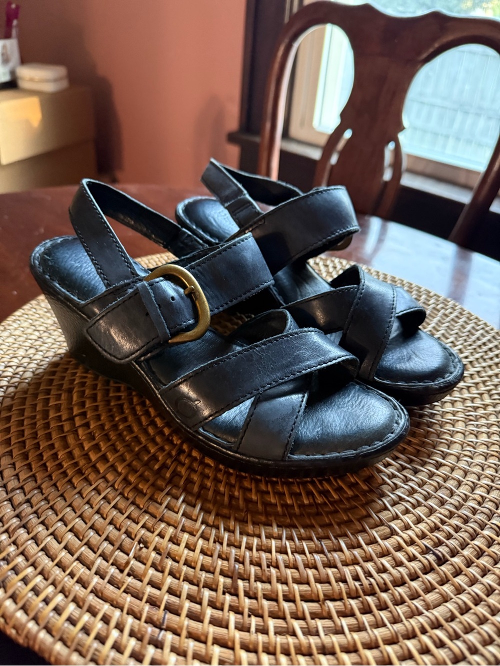 Born Dark Navy Leather Strappy Wedge Sandals